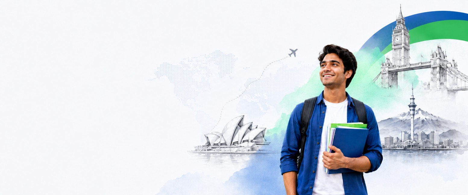 Student with world landmarks - study abroad from Bangladesh