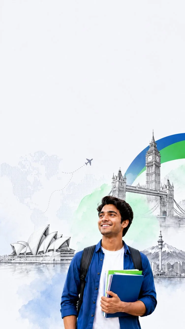 Student with world landmarks - study abroad from Bangladesh